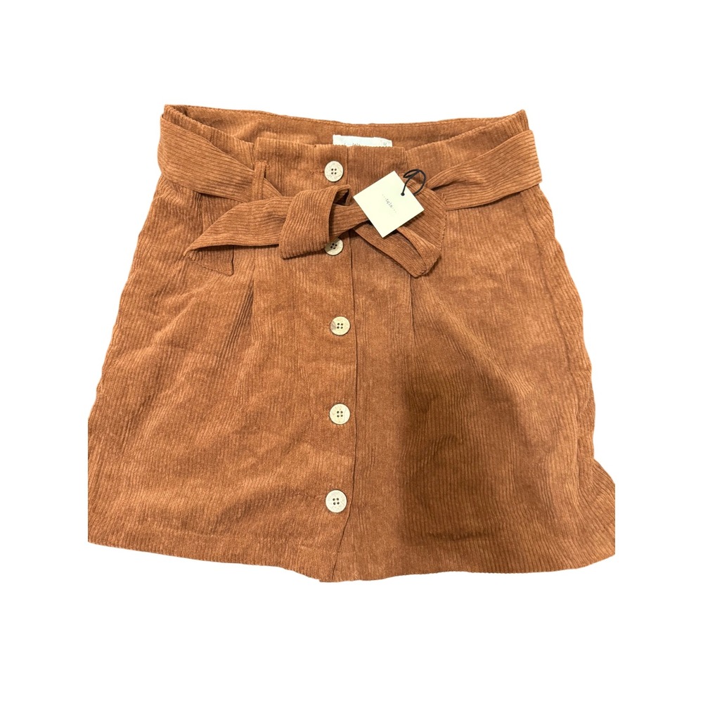 Brown Corduroy Mini Skirt with Tie Waist and Buttons - Casual Trendy